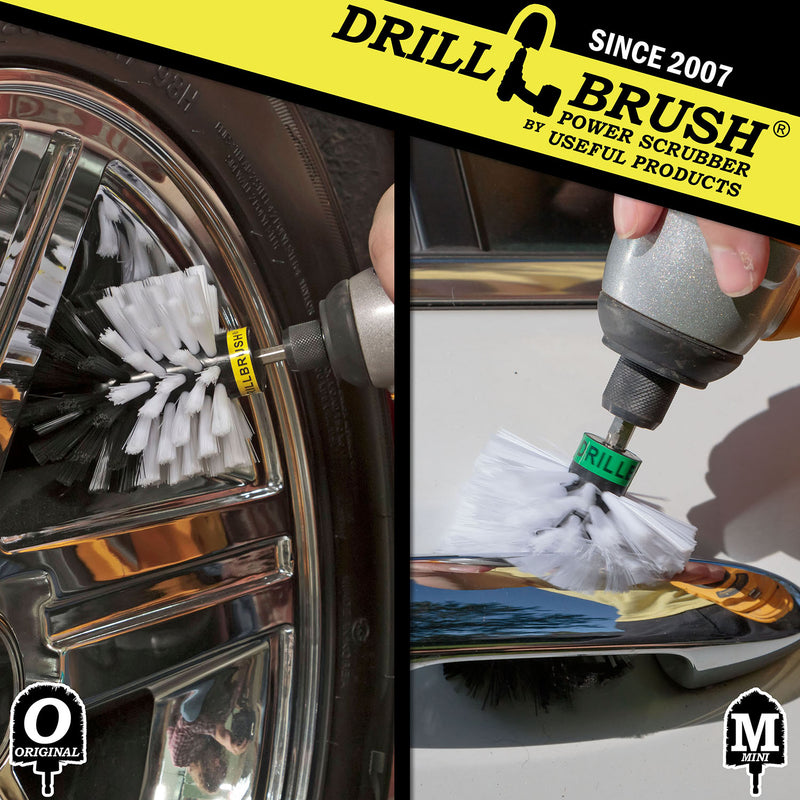 Action shots of a Soft White Original brush cleaning rims and a Soft White Mini Drillbrush cleaning a door handle.