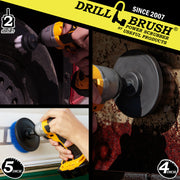 Action shots of a Soft White 2 inch Short Drillbrush cleaning a tire, an Ultra Stiff Black 4 inch Drillbrush cleaning a grill hood, and a Medium Blue 5 inch Drillbrush cleaning a boat's hull