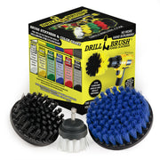 The Drillbrush 542 Variety Brush Kit with Soft White 2 inch Short, Ultra Stiff Black 4 inch, and Medium Blue 5 inch brushes in front of the box it comes in.