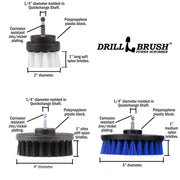 Spec sheet for the Drillbrush 542 Variety Brush Kit with Soft White 2 inch Short, Ultra Stiff Black 4 inch, and Medium Blue 5 inch brushes.