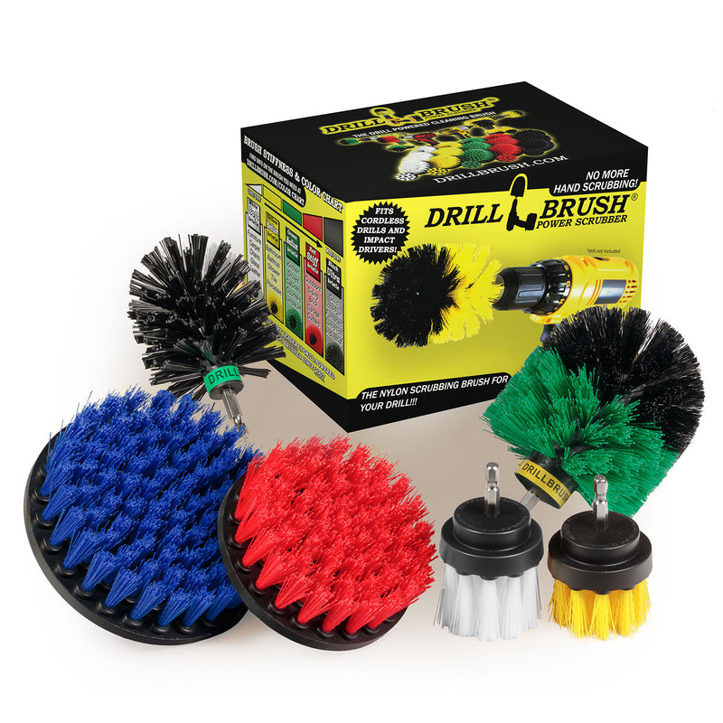 The Drillbrush 542OMS-2L Variety Brush Kit in front of the box it comes in.