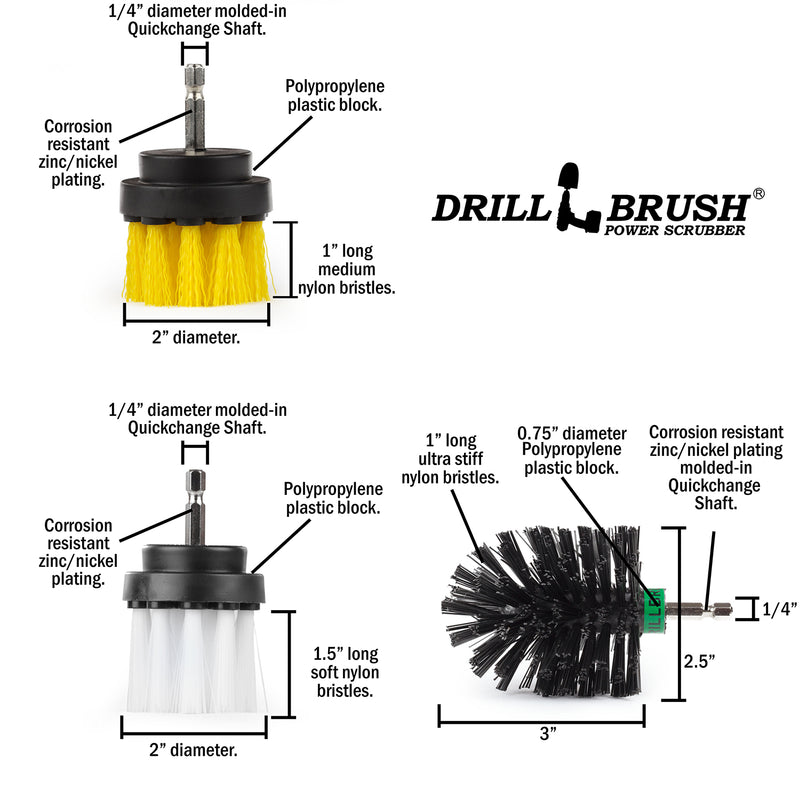 Technical specs for the Drillbrush Medium Yellow 2 inch Short, the Soft White 2 inch Long, andt he Ultra Stiff Black Mini Original brushes.