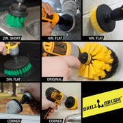 Action shots of the Drillbrush 7 piece variety kit, featuring a Medium Green 2 inch Short cleaning around a sink, a Soft White 4 inch brush scrubbing a window,  Medium Yellow 4 inch brush cleaning bathroom tiles, a Medium Green 5 inch cleaning a stovetop, a Medium Yellow Original cleaning shower shelving, and Soft White Cone-shaped brush scrubbing along a window sill, and a Medium Yellow cone-shaped brushes cleaning a bathroom tub corner.
