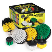 7-piece Drillbrush Variety kit featuring Soft White 4 inch and Cone-shaped brushes, Medium Yellow 4 inch, Cone-shaped, and Original brushes, and Medium Green 2 inch Short and 5 inch brushes in front of it's packaging.