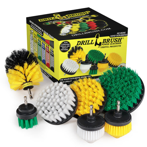 7-piece Drillbrush Variety kit featuring Soft White 4 inch and Cone-shaped brushes, Medium Yellow 4 inch, Cone-shaped, and Original brushes, and Medium Green 2 inch Short and 5 inch brushes in front of it's packaging.
