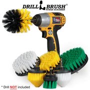 7-piece Drillbrush Variety kit featuring Soft White 4 inch and Cone-shaped brushes, Medium Yellow 4 inch, Cone-shaped, and Original brushes, and Medium Green 2 inch Short and 5 inch brushes in front of a cordless drill.