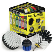 The Drillbrush 42O Variety Pet Care Brush Kit in front of the box it comes in.