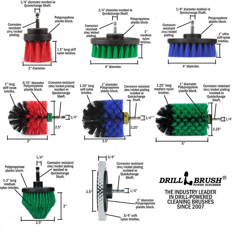 8-piece Drillbrush Household Variety Kit - Soft, Medium, & Stiff Bristles - Home, Kitchen, Marine, Pool, Pet, and Outdoor Cleaning | WE-G4CJ-B4O-RMS-R2L-QC-DB