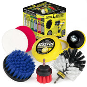 The Drillbrush Variety 4-2-O General Purpose Brush Kit with Useful All-Purpose Cleaning Paste, Scrub Pads, and Backer in front of the box it comes in.