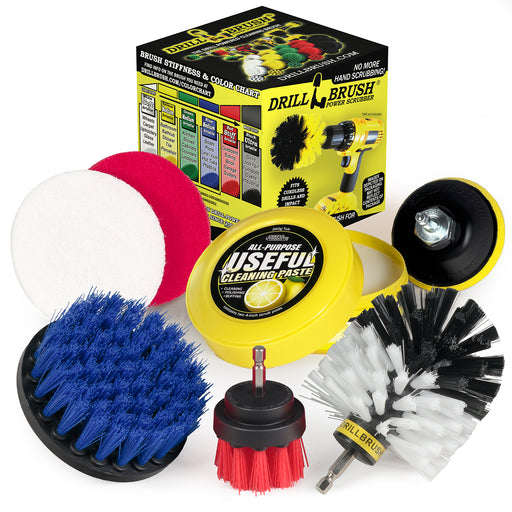 The Drillbrush Variety 4-2-O General Purpose Brush Kit with Useful All-Purpose Cleaning Paste, Scrub Pads, and Backer in front of the box it comes in.