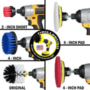 Drillbrush Stiff Red 2 inch Short, Medium Blue 4 inch, Soft White Original, Soft White 4 inch Pad, and Stiff Red 4 inch Pad in cordless drills.