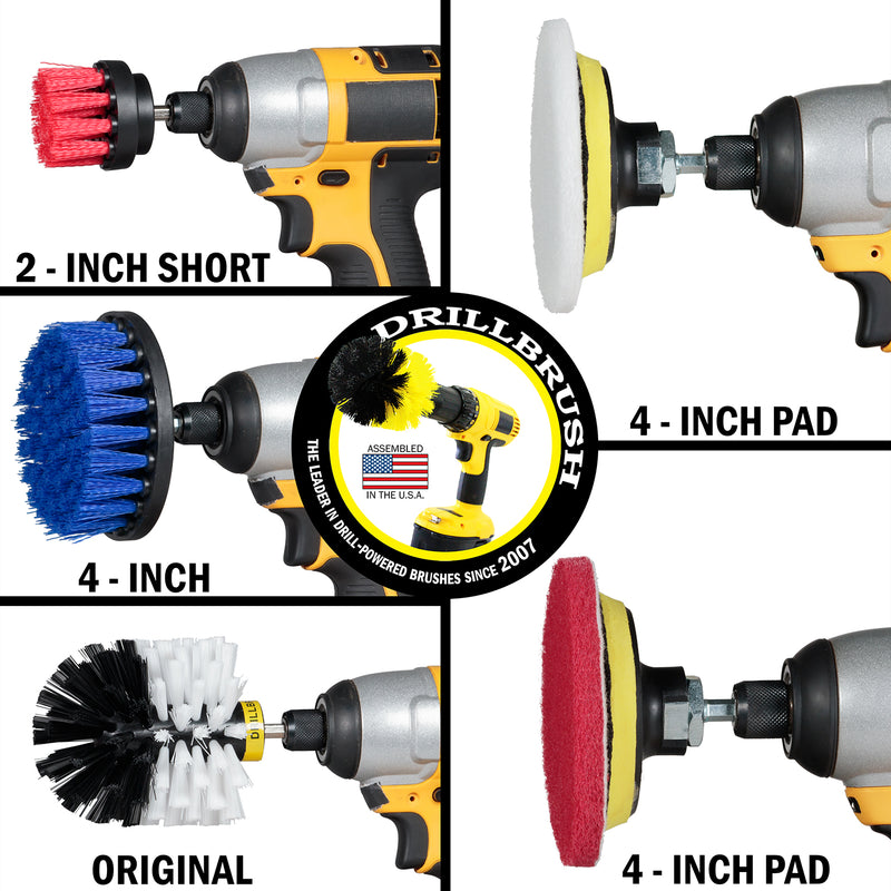 Drillbrush Stiff Red 2 inch Short, Medium Blue 4 inch, Soft White Original, Soft White 4 inch Pad, and Stiff Red 4 inch Pad in cordless drills.