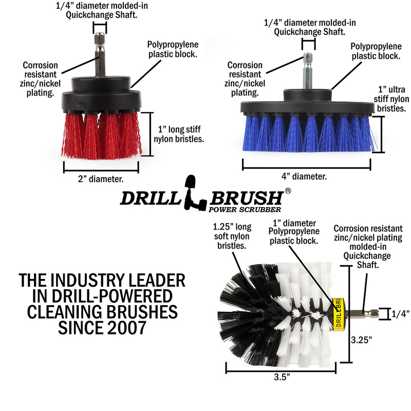 Technical specs for the Drillbrush Stiff Red 2 inch Short, Medium Blue 4 inch brush, and Soft White Original brush.