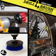 A Stiff Red 2 inch Short cleaning a deck railing, a Medium Blue 4 inch cleaning a boat seat, and a Soft White Original brush cleaning car rims.