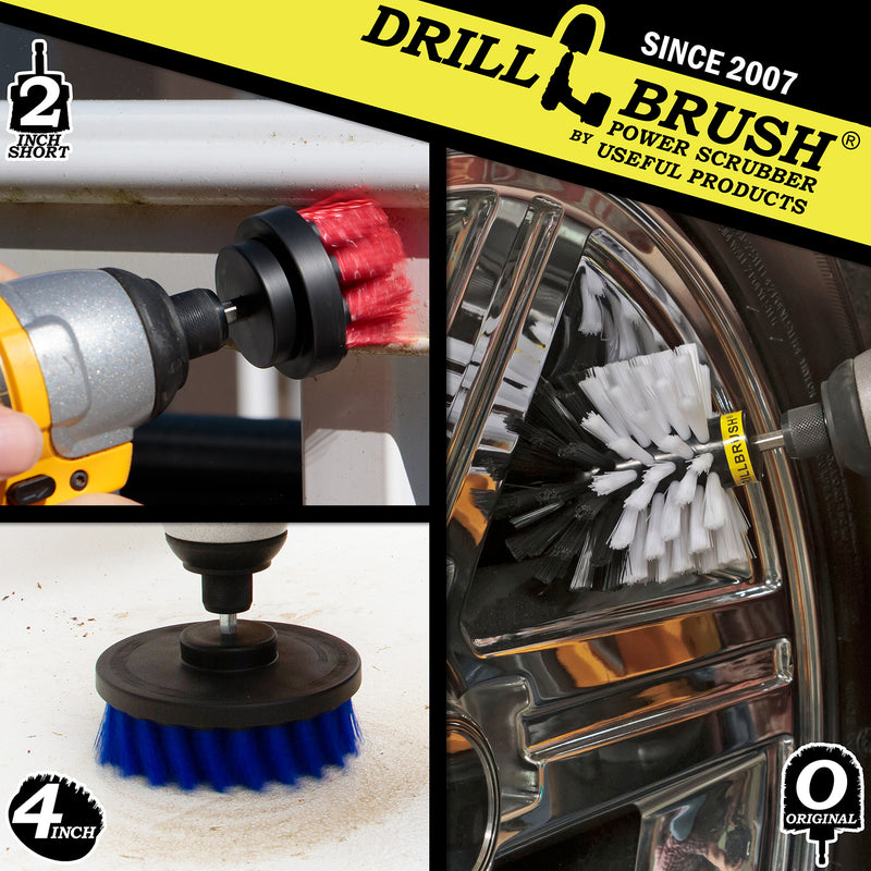 A Stiff Red 2 inch Short cleaning a deck railing, a Medium Blue 4 inch cleaning a boat seat, and a Soft White Original brush cleaning car rims.