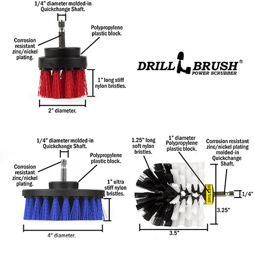Original, 4in, & 2in Variety Brushes - Soft, Medium, & Stiff Bristles - General Household Cleaning | WO-B4-R2-S-QC-DB