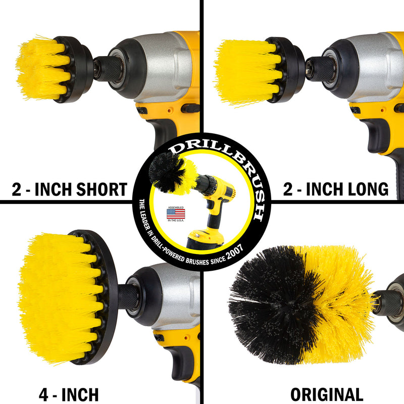 Images of the Drillbrush 2 inch Short, 2 inch Long, 4 inch, and Original Medium Yellow Bathroom Brushes in cordless drills.