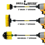 Images of the Drillbrush 2 inch Short, 4 inch, and Mini Medium Yellow Bathroom Brushes in 7 inch extensions in cordless drills.