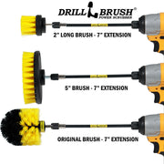 Images of the Drillbrush 2 inch Long, 5 inch, and Original Medium Yellow Bathroom Brushes in 7 inch extensions in cordless drills.