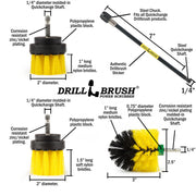 Specs for the Drillbrush 2 inch Short, 2 inch Long, and Mini Medium Yellow Bathroom Brushes, as well as a 7 inch extension.