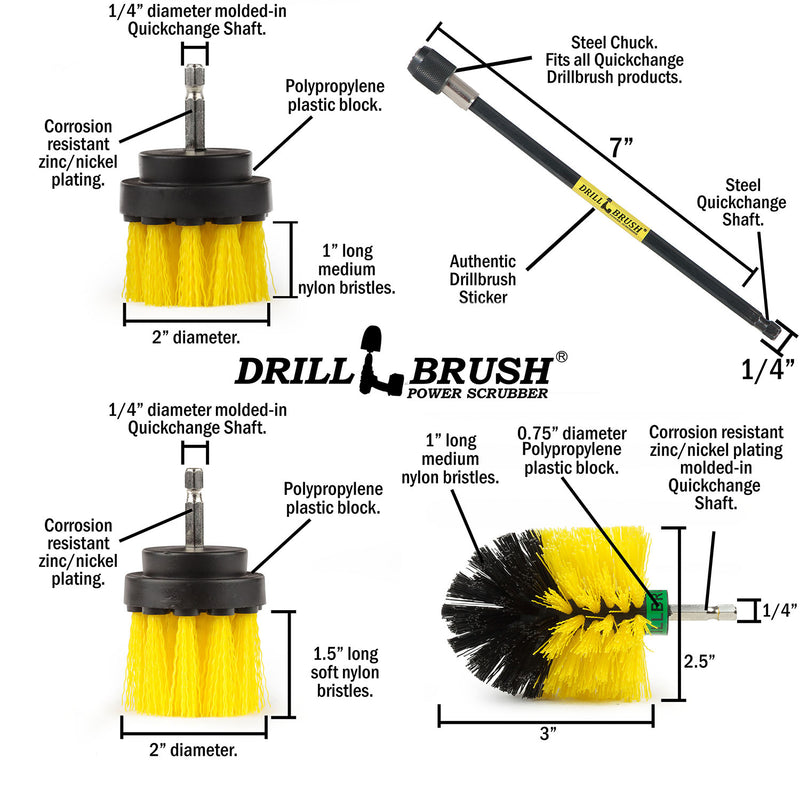 Specs for the Drillbrush 2 inch Short, 2 inch Long, and Mini Medium Yellow Bathroom Brushes, as well as a 7 inch extension.