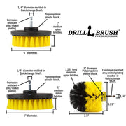 Specs for the Drillbrush 4 inch, 5 inch, and Original Medium Yellow Bathroom Brushes.