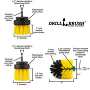 Specs for the Drillbrush 2 inch Short, 2 inch Long, and Mini Original Medium Yellow Bathroom Brushes.