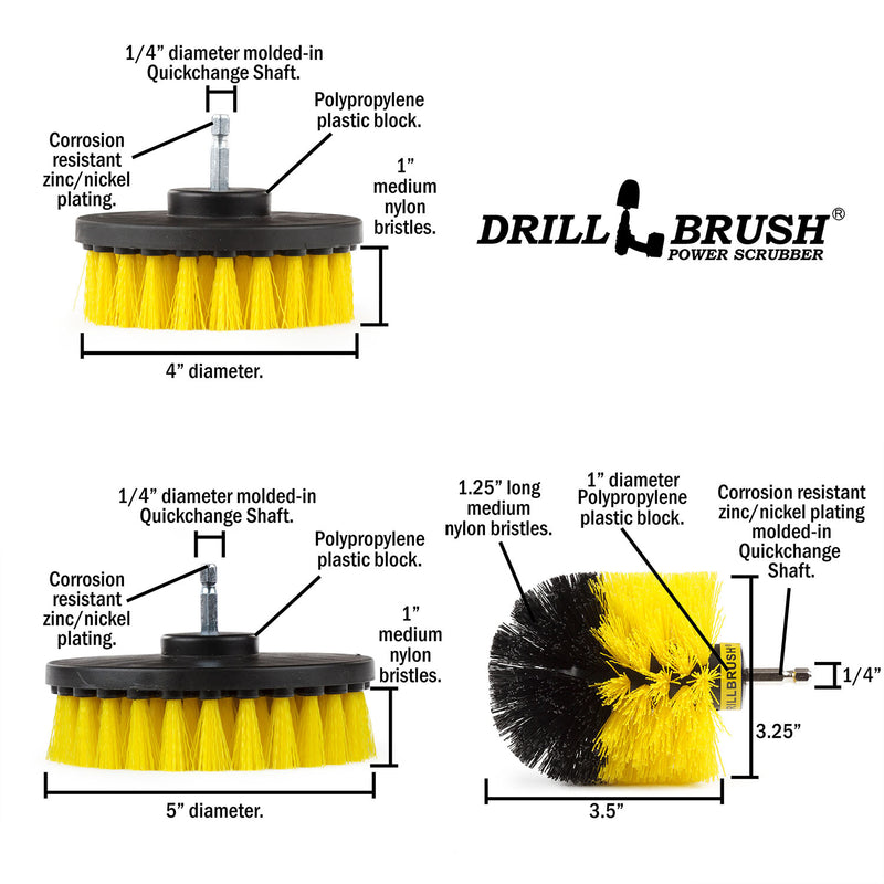 Specs for the Drillbrush 4 inch, 5 inch, and Original Medium Yellow Bathroom Brushes.
