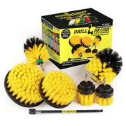 The Drillbrush 542OMS-2L-7X Medium Yellow Bathroom Brush Kit in front of the box it comes in.