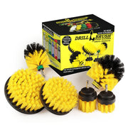 The Drillbrush 542OMS-2L Medium Yellow Bathroom Brush Kit in front of the box it comes in.