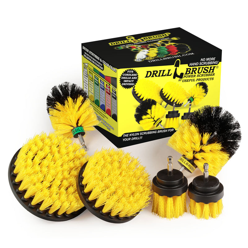 The Drillbrush 542OMS-2L Medium Yellow Bathroom Brush Kit in front of the box it comes in.