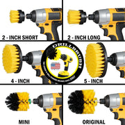 Images of the Drillbrush 2 inch Short, 2 inch Long, 4 inch, 5 inch, Mini, and Original Medium Yellow Bathroom Brushes in cordless drills.