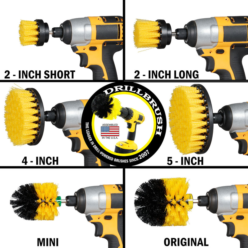 Images of the Drillbrush 2 inch Short, 2 inch Long, 4 inch, 5 inch, Mini, and Original Medium Yellow Bathroom Brushes in cordless drills.