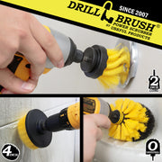 Action shots of a Medium Yellow 2 inch Long Drillbrush cleaning a tub overflow plate, a Medium 4 inch Drillbrush cleaning bathroom tile, and a Medium Yellow Original Drillbrush cleaning shower shelving.