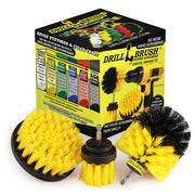 The Drillbrush 4OS-2L Medium Yellow Bathroom Brush Kit in front of the box it comes in.