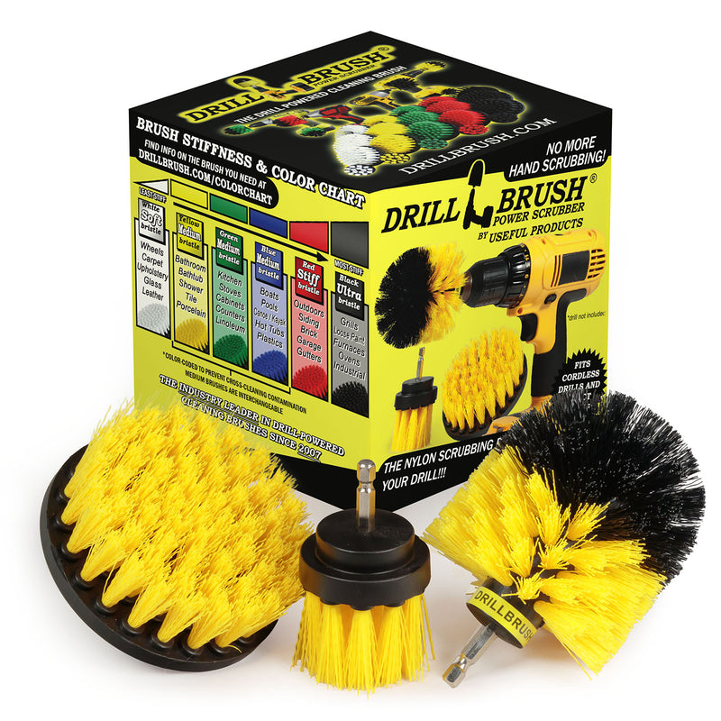 The Drillbrush 4OS-2L Medium Yellow Bathroom Brush Kit in front of the box it comes in.