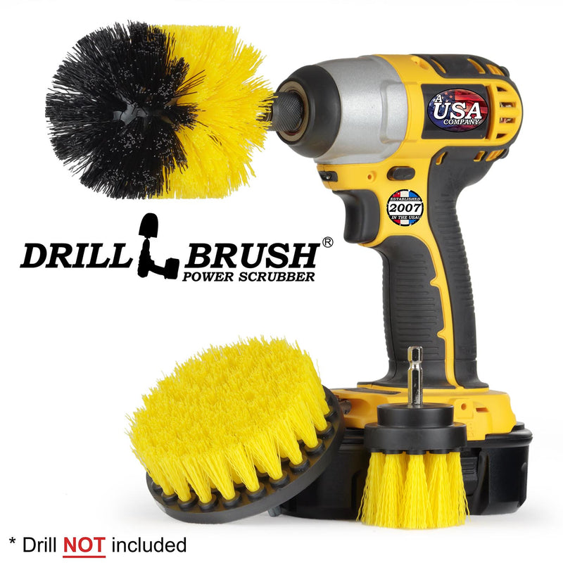 Drillbrush 4OS-2L Medium Yellow Bathroom Brush Kit with an Original brush in a cordless drill.