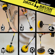 Action shots of a Medium Yellow Original brush in a 7 inch extension cleaning the base of a toilet, a Medium Yellow 2 inch Short brush in a 7 inch extension cleaning a showerhead, a Medium Yellow 2 inch Long brush in a 7 inch extension cleaning a sink, a Medium Yellow Mini brush in a 7 inch extension cleaning a tub drain, a Medium Yellow 4 inch brush in a 7 inch extension cleaning the outside of a bathtub, and a Medium Yellow 5 inch brush in a 7 inch extension cleaning a bathtub.