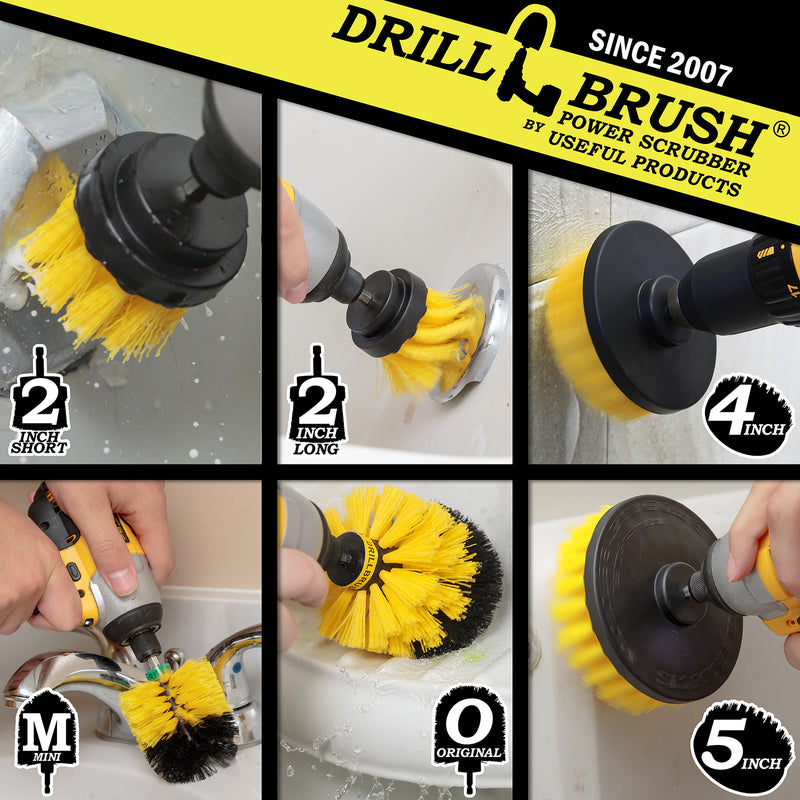 Action shots of a Medium Yellow Original brush cleaning a shower shelf, a Medium Yellow Mini Drillbrush cleaning a sink fixture, a Medium Yellow 2 inch Short and 2 inch Long brushes cleaning overflow plates, a Medium Yellow 4 inch Drillbrush cleaning tile grout, and a Medium Yellow 5 inch Drillbrush cleaning a tub wall.