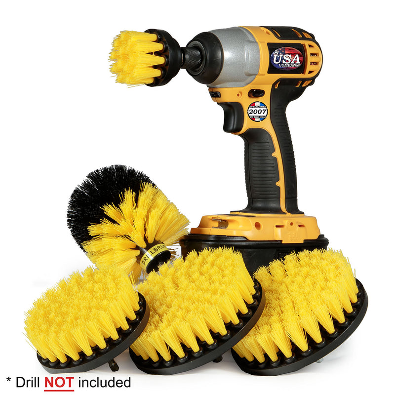 Drillbrush 5542O Medium Yellow Bathroom Brush Kit with a 2 inch Short brush in a cordless drill.