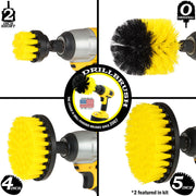 Images of the Drillbrush 2 inch Short, 4 inch, 5 inch, and Original Medium Yellow Bathroom Brushes in cordless drills.