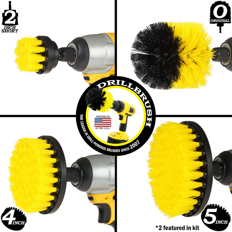 Images of the Drillbrush 2 inch Short, 4 inch, 5 inch, and Original Medium Yellow Bathroom Brushes in cordless drills.