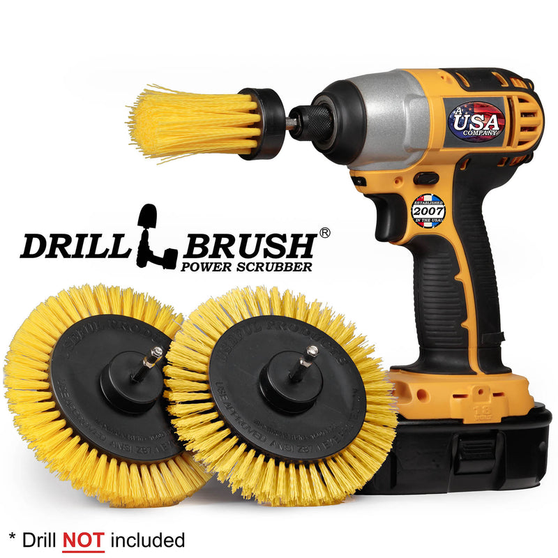 2 Drillbrush Medium Yellow Bathroom Edge brushes and a Medium Yellow 1 inch Long brush in front of a cordless drill.