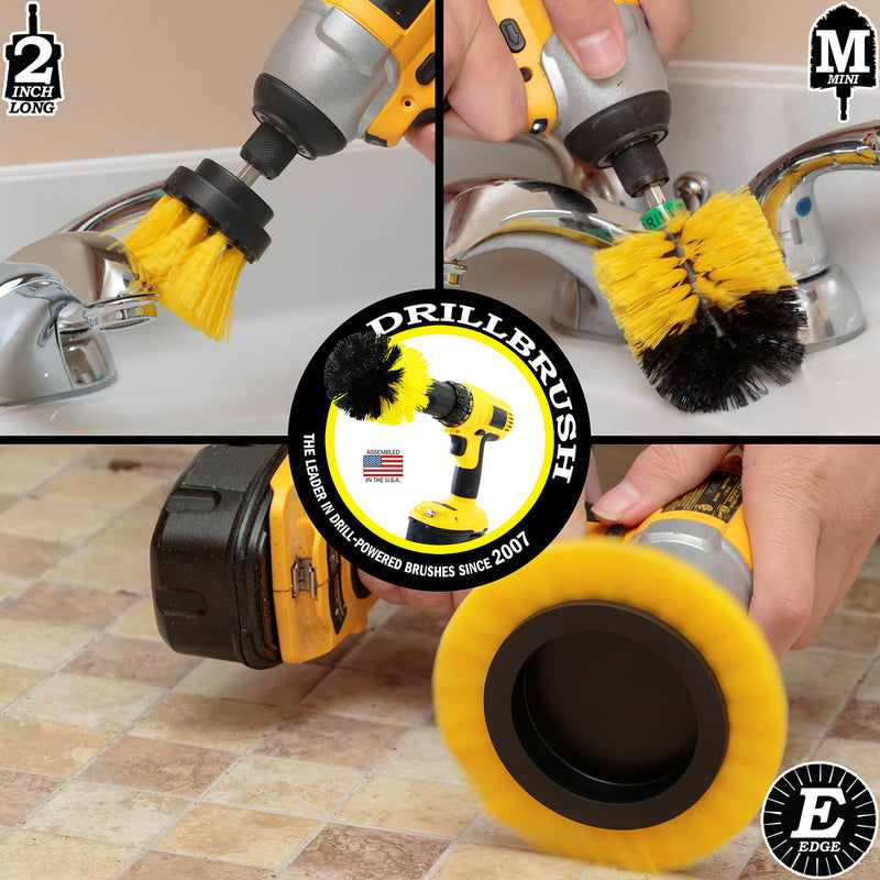 Action shots of a Medium Yellow Mini brush cleaning a sink faucet, a Medium Yellow Edge Drillbrush cleaning tile floor, and a Medium Yellow 2 inch Long Drillbrush cleaning a sink faucet.