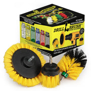 The Drillbrush EMS-2L Medium Yellow Bathroom Brush Kit in front of the box it comes in.