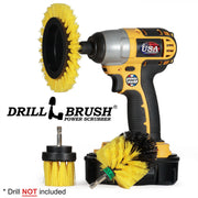 Drillbrush EMS-2L Medium Yellow Bathroom Brush Kit with an Edge brush in a cordless drill.