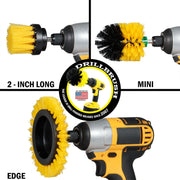 Images of the Drillbrush 2 inch Long, Edge, and Mini Medium Yellow Bathroom Brushes in cordless drills.