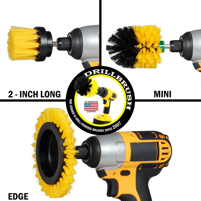 Images of the Drillbrush 2 inch Long, Edge, and Mini Medium Yellow Bathroom Brushes in cordless drills.