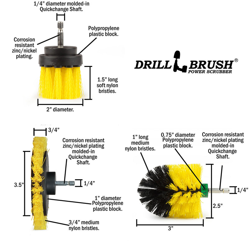 Specs for the Drillbrush EMS-2L Medium Yellow Bathroom Brush Kit.