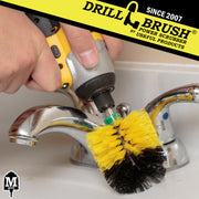 Drillbrush Mini Medium Yellow Bathroom Brush cleaning a sink fixture.
